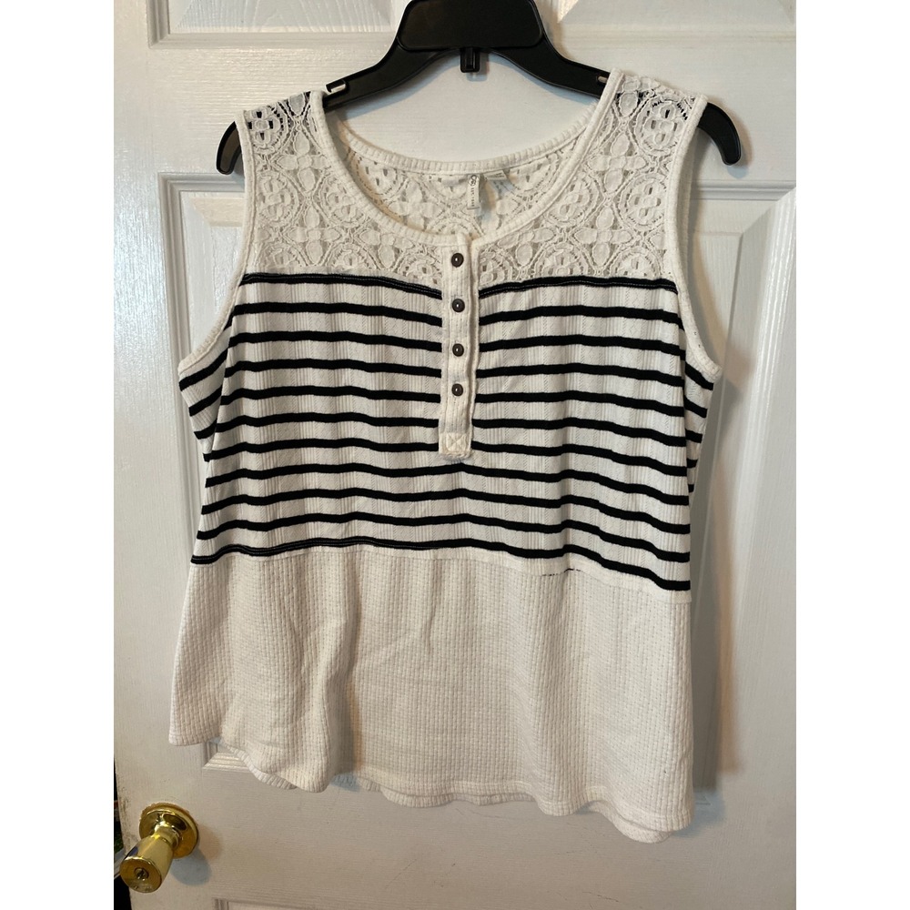 Cato Womens Plus 22/24W StripedLace Henley Tank Top Waffle KnitMixed Media White